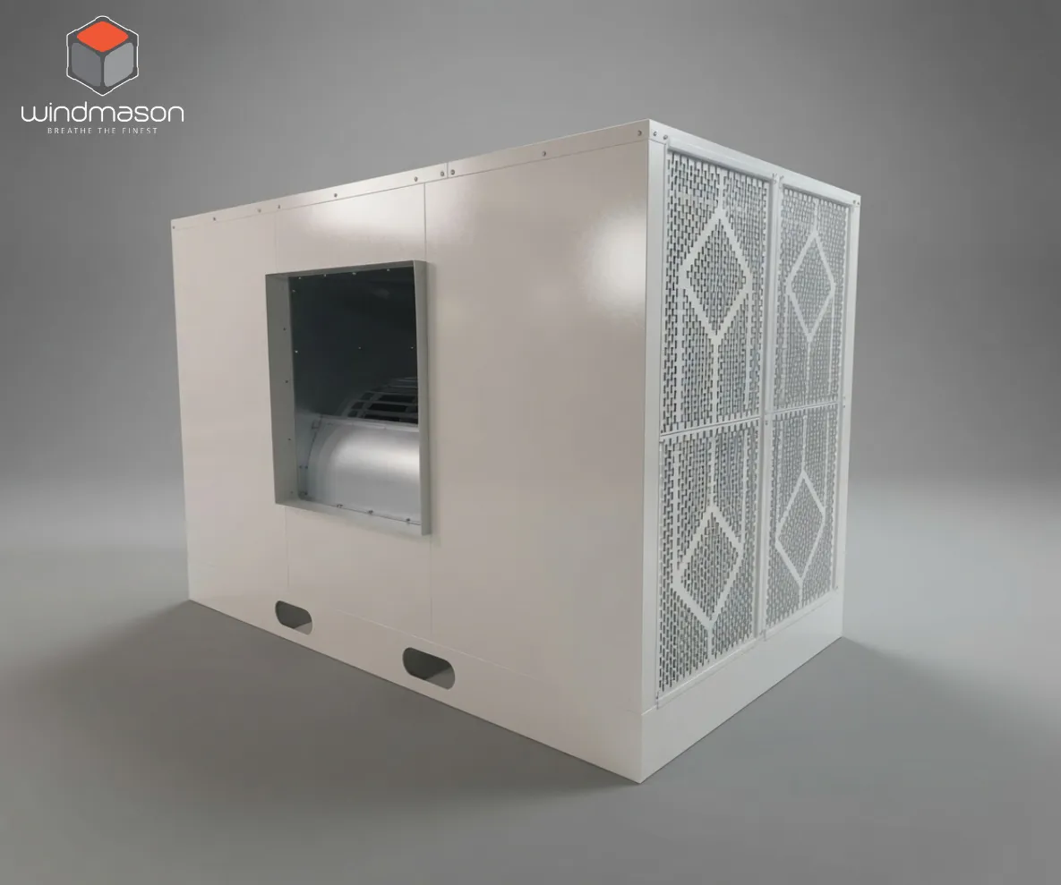 Desert Master evaporative cooling working diagram showing air flow through double-layer cooling pads