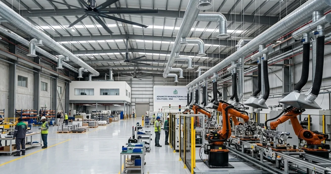 Factory ventilation system in Saudi Arabia with industrial exhaust and engineered makeup air