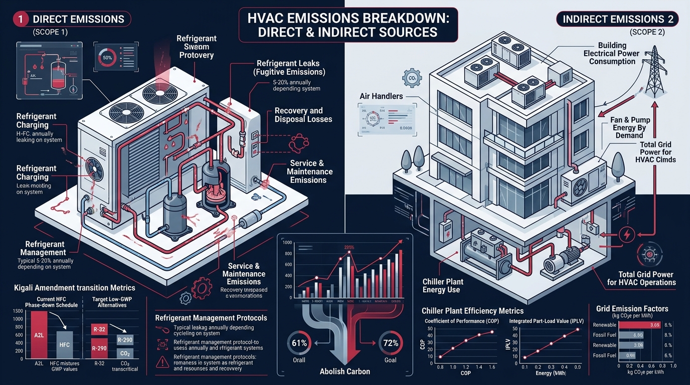 Direct refrigerant emissions and indirect HVAC electricity emissions diagram